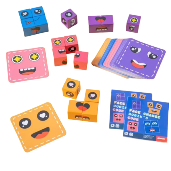 Face Changing Cube Building Blocks Puzzle, Wooden Rubik’s Cube Face Expression Toy, Educational Face Matching Family Board Game (16 Wooden Puzzles and 72 Cards) - Image 2
