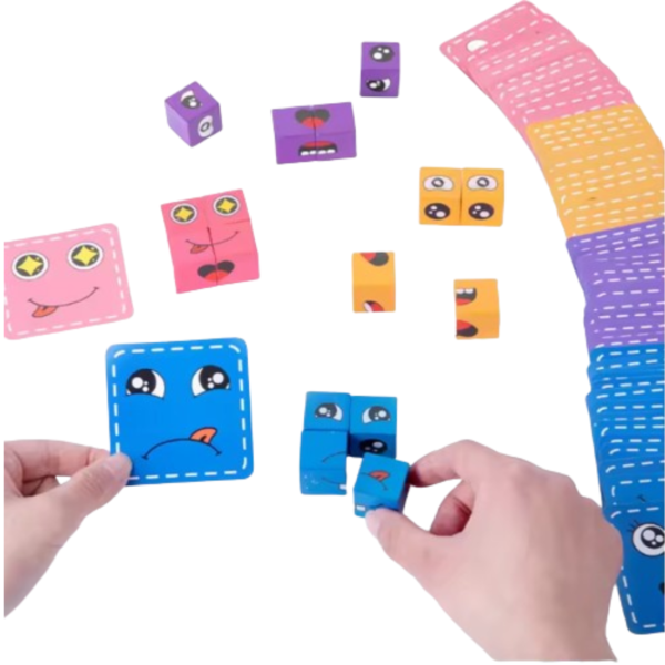 Face Changing Cube Building Blocks Puzzle, Wooden Rubik’s Cube Face Expression Toy, Educational Face Matching Family Board Game (16 Wooden Puzzles and 72 Cards) - Image 3