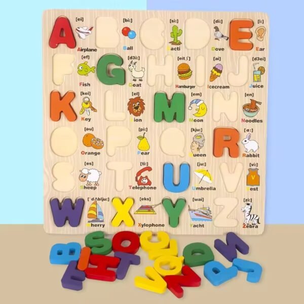 Wooden Capital Alphabet Puzzles with Pictures for Children, Montessori Educational Learning Letters Puzzle Board Toy - Image 3