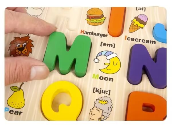 Wooden Capital Alphabet Puzzles with Pictures for Children, Montessori Educational Learning Letters Puzzle Board Toy - Image 4