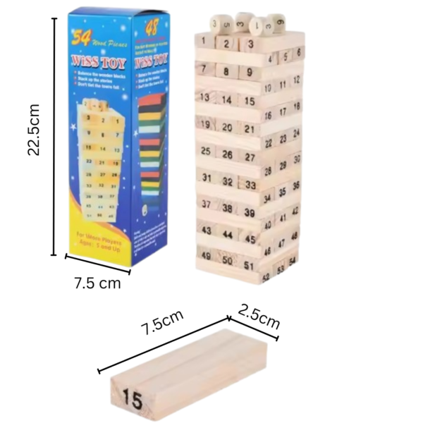Wooden Blocks 54 Pcs 4 Dice Building Blocks Game Challenging Wooden Tumbling Tower, Wooden Stacking Toys with Dices Board Educational Puzzle Game for Adults and Kids - Image 2