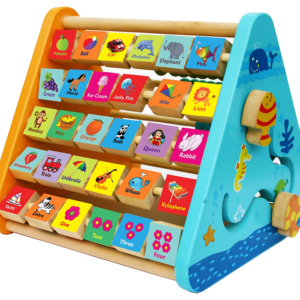 "5-in-1 Wooden Activity Triangle Centre | Alphabet, Abacus, Smiley Clock, Drawing Board & Blocks | Montessori Educational Toy for Toddlers & Kids (Multicolor, 1-5 Years)"