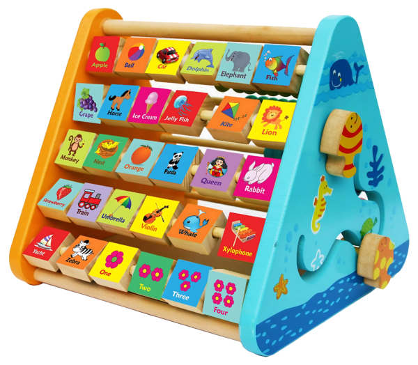 "5-in-1 Wooden Activity Triangle Centre | Alphabet, Abacus, Smiley Clock, Drawing Board & Blocks | Montessori Educational Toy for Toddlers & Kids (Multicolor, 1-5 Years)"
