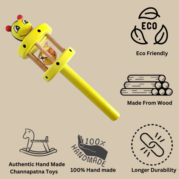 "Wooden Hand Bell Rattle Stick Toy – Colorful Musical Shaker for Babies & Kids, Montessori Sensory Development Toy" ( Pack of 1 Random Colour ) - Image 3