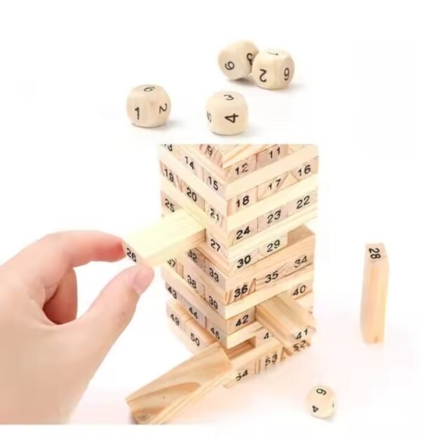 Wooden Blocks 54 Pcs 4 Dice Building Blocks Game Challenging Wooden Tumbling Tower, Wooden Stacking Toys with Dices Board Educational Puzzle Game for Adults and Kids - Image 4