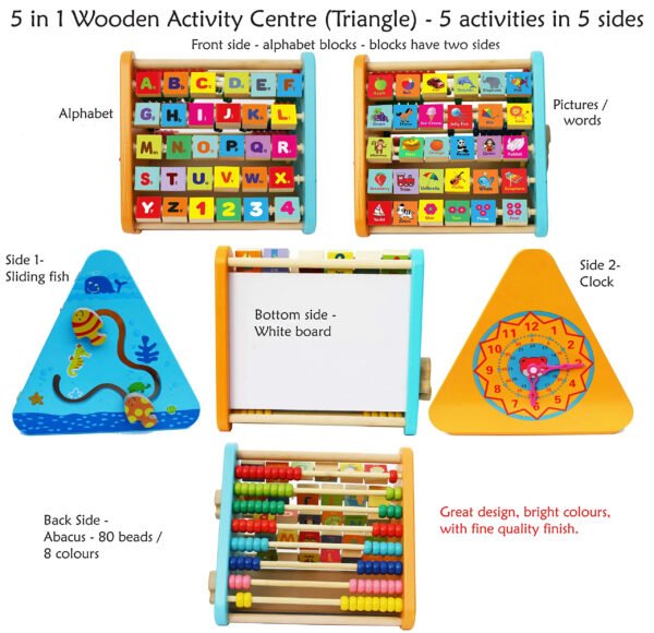 "5-in-1 Wooden Activity Triangle Centre | Alphabet, Abacus, Smiley Clock, Drawing Board & Blocks | Montessori Educational Toy for Toddlers & Kids (Multicolor, 1-5 Years)" - Image 3