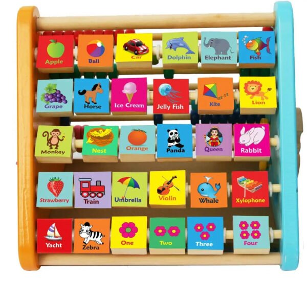 "5-in-1 Wooden Activity Triangle Centre | Alphabet, Abacus, Smiley Clock, Drawing Board & Blocks | Montessori Educational Toy for Toddlers & Kids (Multicolor, 1-5 Years)" - Image 2