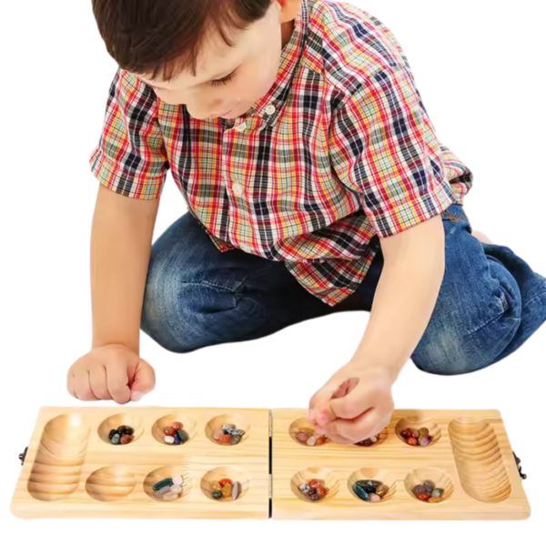 Mara Bommai Wooden Pallanghuzi/Vamana Guntalu/Mancala Gemstone Board Game - Folding Wooden Handicrafts Set for Kids & Adults with with 50 Natural Stone - 6 Pit - Image 2