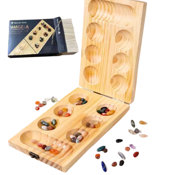 Mara Bommai Wooden Pallanghuzi/Vamana Guntalu/Mancala Gemstone Board Game - Folding Wooden Handicrafts Set for Kids & Adults with with 50 Natural Stone - 6 Pit - Image 7