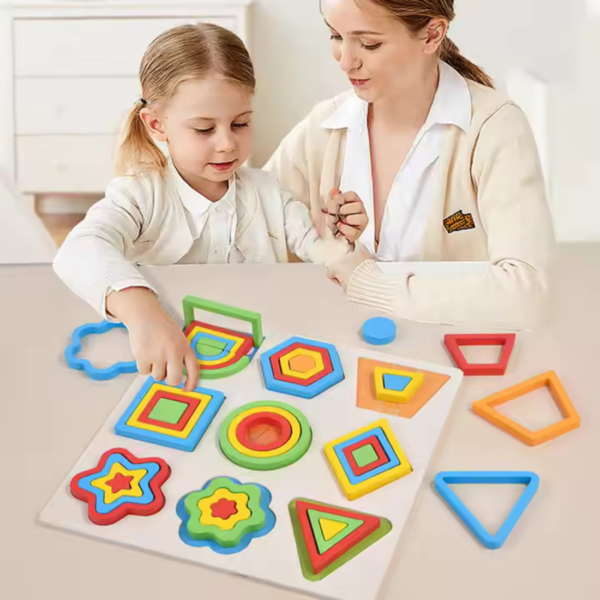 Mara Bommai Wooden Geometric Shapes Sorting Puzzle Board, Montessori Brain Teaser Puzzle Board with 9 Shapes with 4-Piece Layers Each, Educational Learning Toy for Kids 3+ Years - Image 6