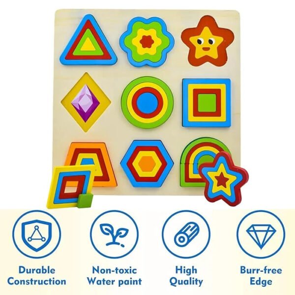 Mara Bommai Wooden Geometric Shapes Sorting Puzzle Board, Montessori Brain Teaser Puzzle Board with 9 Shapes with 4-Piece Layers Each, Educational Learning Toy for Kids 3+ Years - Image 7