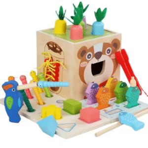 Mara Bommai® 8-in-1 Wooden Montessori Activity Cube Toy for Toddlers – Fishing, Carrot Harvest, Shape Sorter, Worm Catching, Bead Maze – Educational Learning Toy for Kids Age 2+