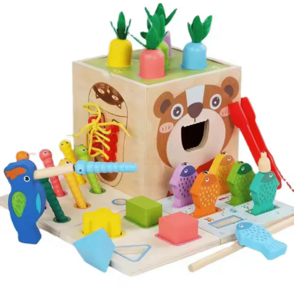 Mara Bommai® 8-in-1 Wooden Montessori Activity Cube Toy for Toddlers – Fishing, Carrot Harvest, Shape Sorter, Worm Catching, Bead Maze – Educational Learning Toy for Kids Age 2+