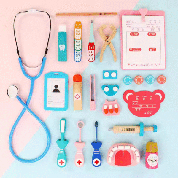 Mara Bommai Wooden Doctor Set for Kids – 36-Piece Wooden Pretend Play Kit with Stethoscope, Thermometer, Syringe & Dentist Tools – STEM Learning Doctor Kit for Toddlers & Role Play Fun - Image 11