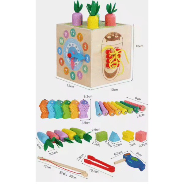 Mara Bommai® 8-in-1 Wooden Montessori Activity Cube Toy for Toddlers – Fishing, Carrot Harvest, Shape Sorter, Worm Catching, Bead Maze – Educational Learning Toy for Kids Age 2+ - Image 2