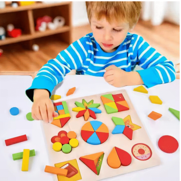 Mara Bommai Wooden Shapes Puzzle Learning Toy, Montessori Game Educational Toys for Kids, Intelligence Brain Teaser Puzzle Board with 10 Designer Shapes, Multicolour, 3+ Years (Pack of 1) - Image 6