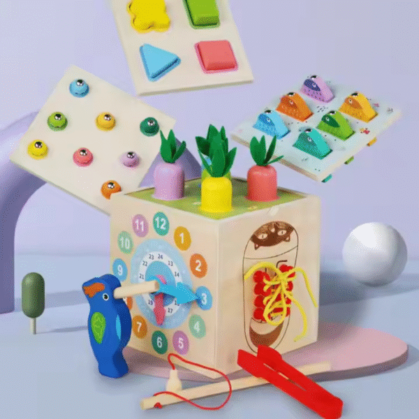 Mara Bommai® 8-in-1 Wooden Montessori Activity Cube Toy for Toddlers – Fishing, Carrot Harvest, Shape Sorter, Worm Catching, Bead Maze – Educational Learning Toy for Kids Age 2+ - Image 3