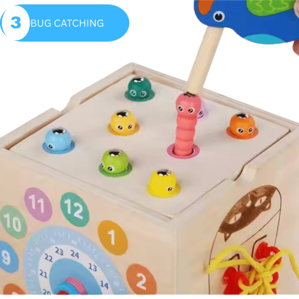 Mara Bommai® 8-in-1 Wooden Montessori Activity Cube Toy for Toddlers – Fishing, Carrot Harvest, Shape Sorter, Worm Catching, Bead Maze – Educational Learning Toy for Kids Age 2+ - Image 4