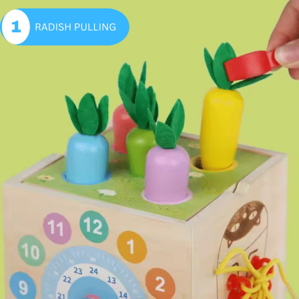 Mara Bommai® 8-in-1 Wooden Montessori Activity Cube Toy for Toddlers – Fishing, Carrot Harvest, Shape Sorter, Worm Catching, Bead Maze – Educational Learning Toy for Kids Age 2+ - Image 5