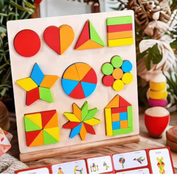 Mara Bommai Wooden Shapes Puzzle Learning Toy, Montessori Game Educational Toys for Kids, Intelligence Brain Teaser Puzzle Board with 10 Designer Shapes, Multicolour, 3+ Years (Pack of 1) - Image 7