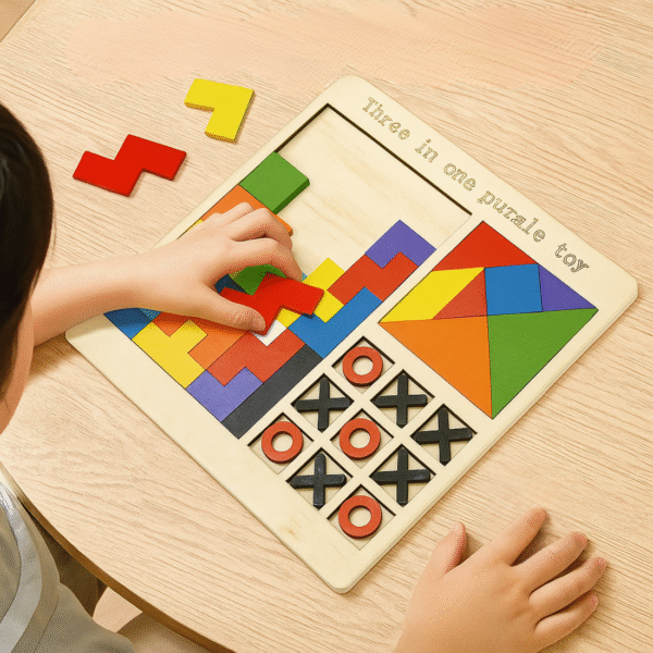 Mara Bommai® Wooden 3-in-1 Puzzle Toy for Kids | Tangram, Tic-Tac-Toe & Building Blocks | Educational Colorful Square Game for Early Learning & Brain Development - Image 3