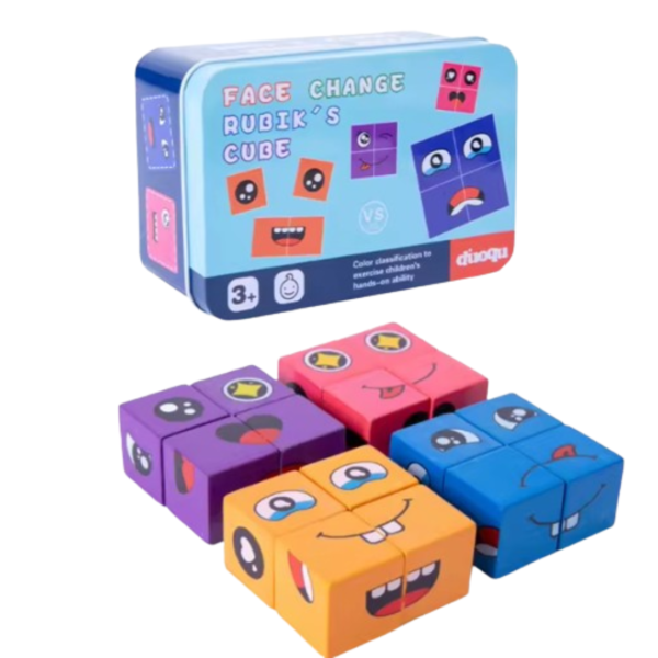 Face Changing Cube Building Blocks Puzzle, Wooden Rubik’s Cube Face Expression Toy, Educational Face Matching Family Board Game (16 Wooden Puzzles and 72 Cards)