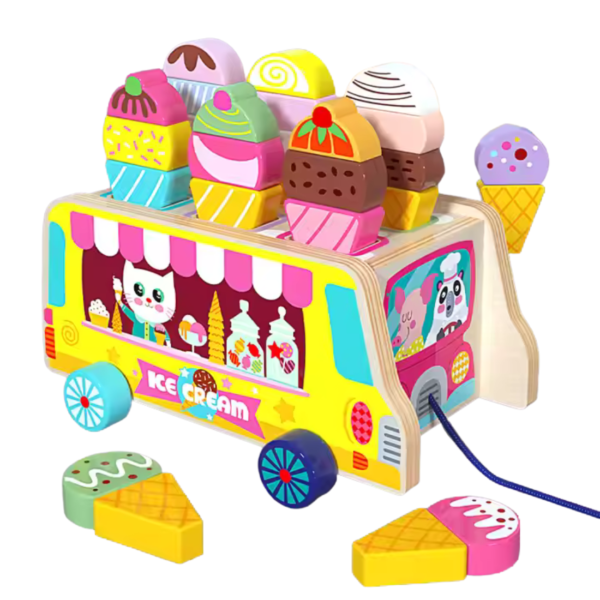 MARA BOMMAI Wooden Ice Cream Cart for Kids | Montessori Pretend Play & Educational Toy | Toddler Activity Game with Shape Matching | Open-Ended Learning Gift (Ages 3+)