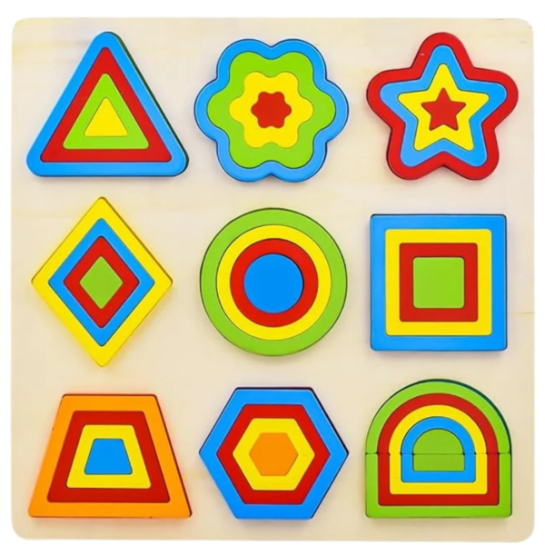 Mara Bommai Wooden Geometric Shapes Sorting Puzzle Board, Montessori Brain Teaser Puzzle Board with 9 Shapes with 4-Piece Layers Each, Educational Learning Toy for Kids 3+ Years