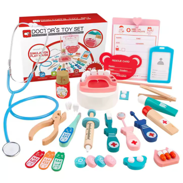 Mara Bommai Wooden Doctor Set for Kids – 36-Piece Wooden Pretend Play Kit with Stethoscope, Thermometer, Syringe & Dentist Tools – STEM Learning Doctor Kit for Toddlers & Role Play Fun