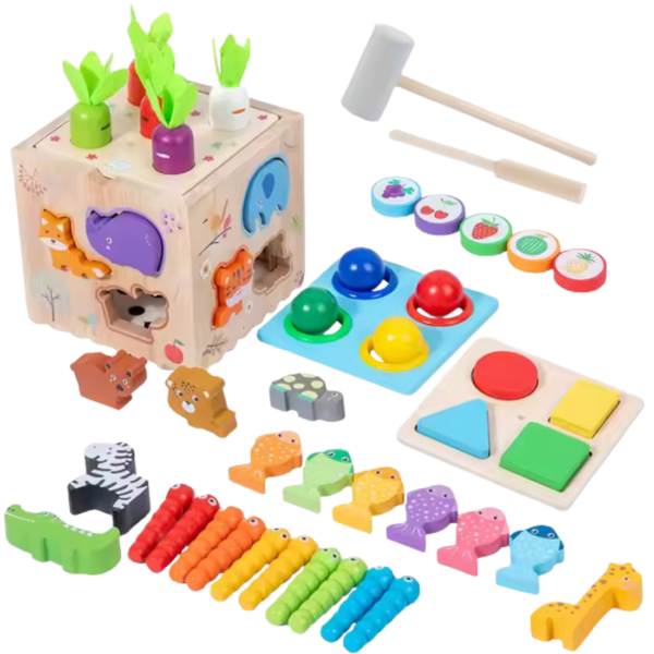 Mara Bommai 8 in 1 Wooden Montessori Toy for Toddlers, Educational Sorting, Stacking, Peg Hammering & Geometric Puzzles, Colorful Animal Shapes, Early Learning Gift for 1-3 Years
