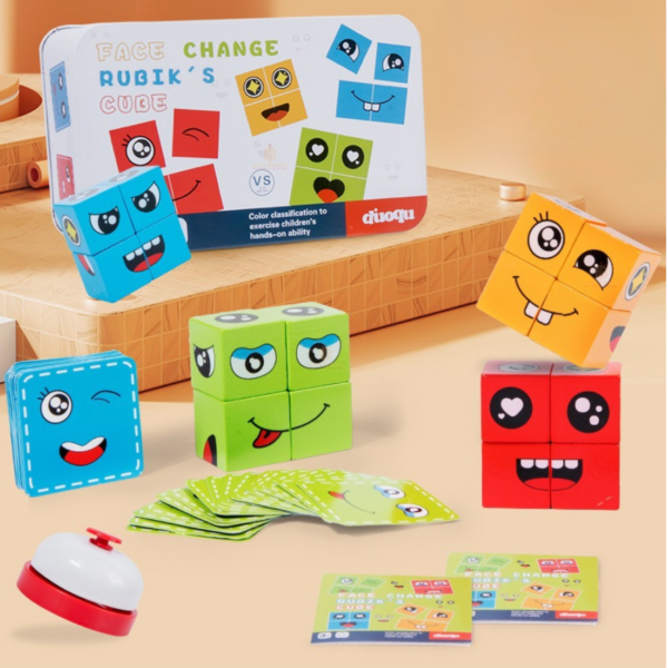 Mara Bommai Face Changing Cube Blocks Puzzle Game | Wooden Emoji Expression Matching Toy for Kids | Educational Brain Teaser & STEM Board Game | Gifts for 5+ Year Old Boys & Girls (Big Size With Bell)