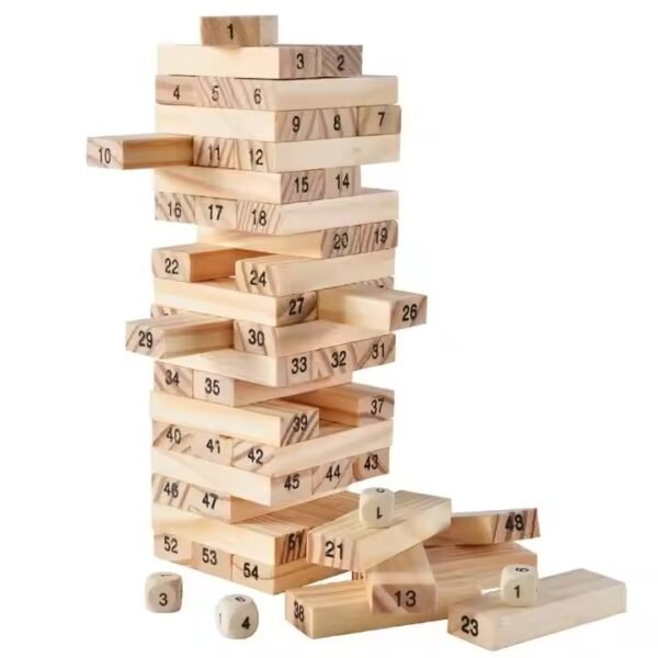 Wooden Blocks 54 Pcs 4 Dice Building Blocks Game Challenging Wooden Tumbling Tower, Wooden Stacking Toys with Dices Board Educational Puzzle Game for Adults and Kids