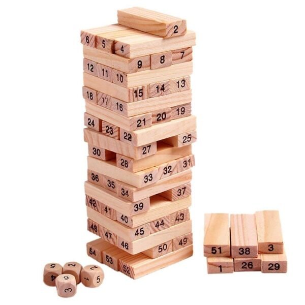 Wooden Tumbling Tower Game – Classic Stacking and Balancing Game for Kids and Adults, Includes 51 Wooden Blocks and 4 Dice for Extra Fun, Perfect for Family Game Night