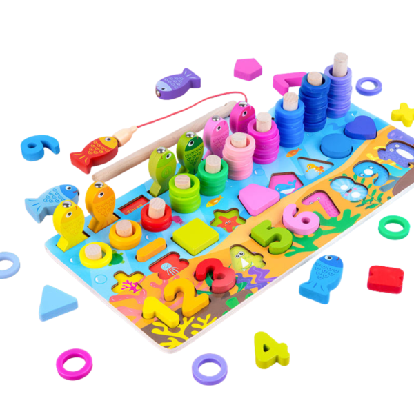 Wooden 6-in-1 Wooden Fishing Game, Shape Sorting & Number Puzzle Toy for Kids