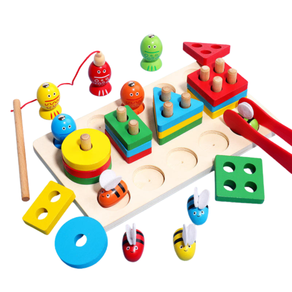 Wooden 3-in-1 Shape Sorting Toy with Bee Picking & Magnetic Fishing Game for Kids