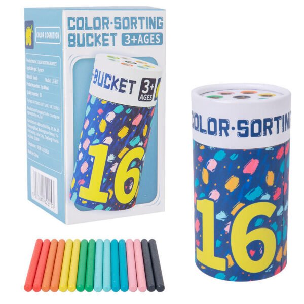 Wooden Color Sorting Bucket Toy for Kids with Sticks (16 Pieces)