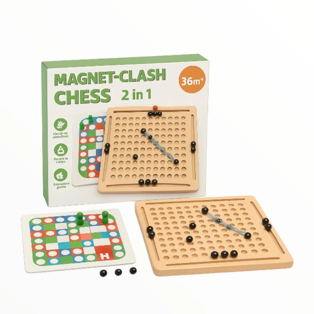 WOODEN 2 IN 1 Magnetic Clash Chess & Ludo Strategy Game for Kids & Family