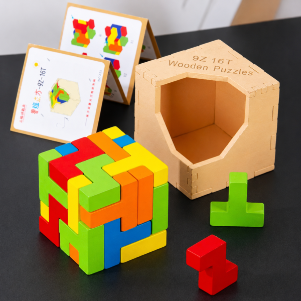 Wooden 3D Colorful  Block Puzzle Set – Educational IQ Brain Game for Kids & Adults