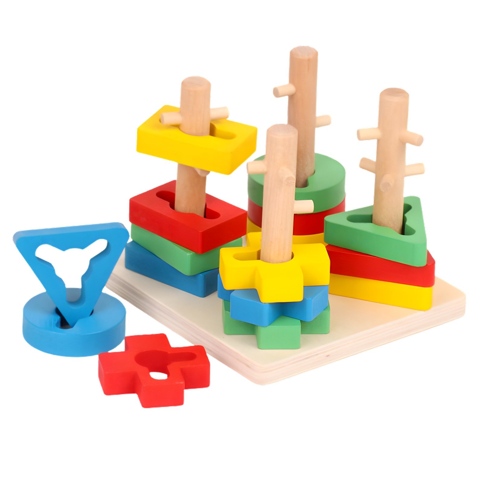 Wooden Montessori Geometric Four Column Shape Sorting & Stacking Toy Set for Kids