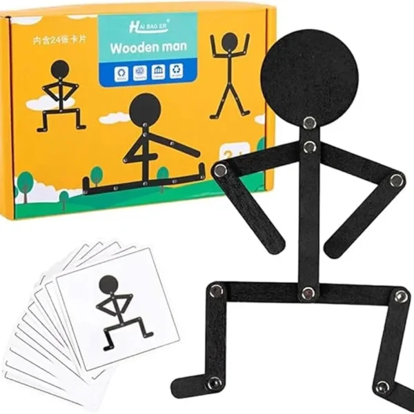 Montessori Wooden Stickman Pose Matching Puzzle Toy for Kids – Educational Stick Figure Puzzle Game with Flash Cards