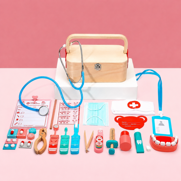 Wooden Doctor Play Set for Kids 3+ Years | 26 PCS Medical Pretend Play Kit with Wooden Storage Box, Stethoscope, Dentist Tools & Educational Accessories for Boys and Girls