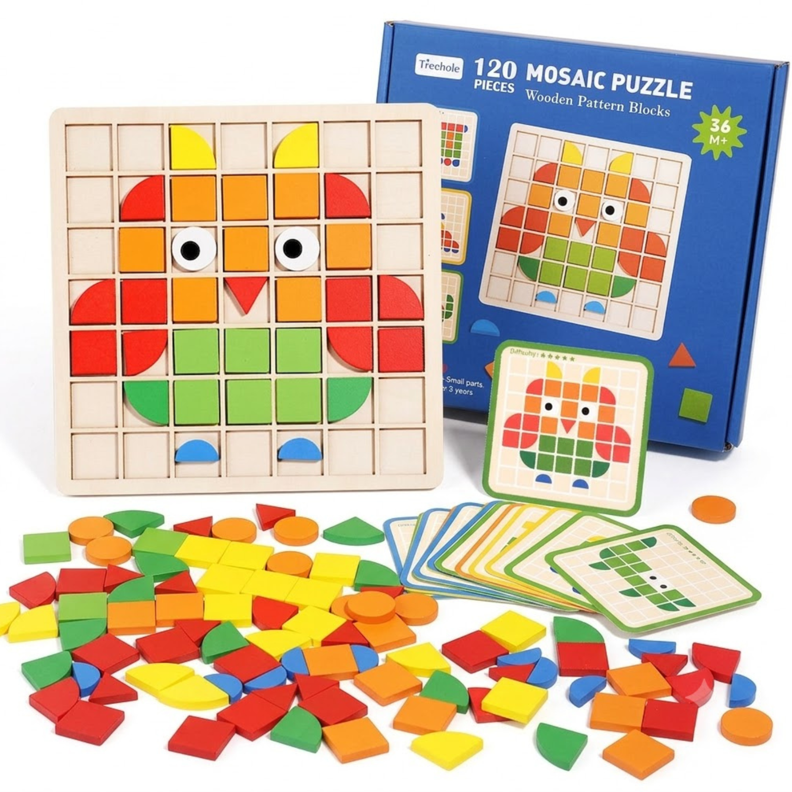 Wooden Mosaic Puzzle for Kids 3+ Years, 120 PCS Pattern Blocks with Design Cards, Montessori Educational Toy for Shape Matching, Creativity, Fine Motor Skills & Brain Development
