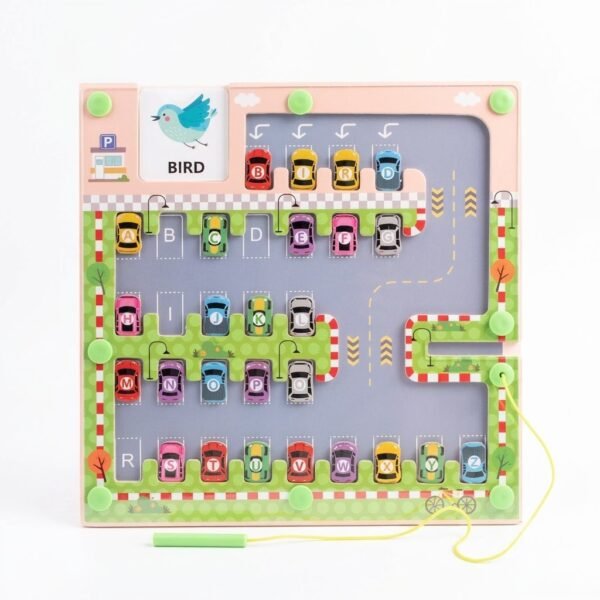 Wooden Magnetic Alphabet Car Parking Maze Board for Kids 3+ | Montessori Word Learning Kit with Activity Cards & Magnetic Pen | Letter Matching Educational Toy for Preschool Learning & Vocabulary Building