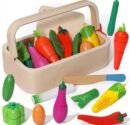 Wooden Vegetable Cutting Toy Set for Kids 3+ Years | Montessori Pretend Play Vegetable Basket with Wooden Knife & Cutting Board | Educational Kitchen Role Play Learning Toy