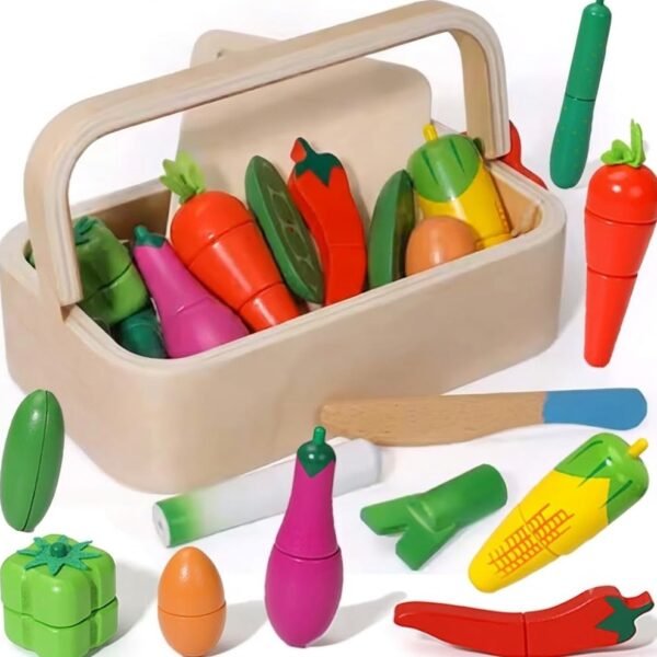 Wooden Vegetable Cutting Toy Set for Kids 3+ Years | Montessori Pretend Play Vegetable Basket with Wooden Knife & Cutting Board | Educational Kitchen Role Play Learning Toy
